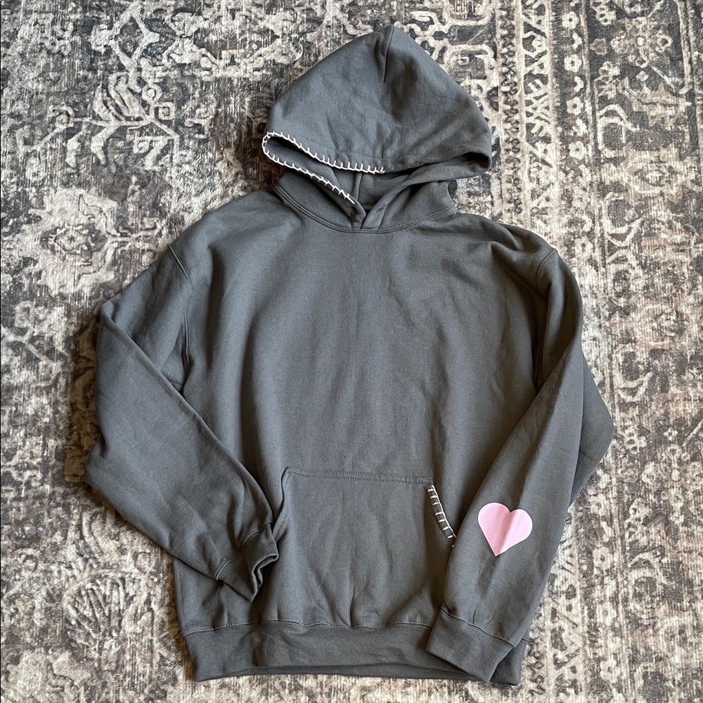 NWT Sold Out Pink Coast Hoodie Gray with Pink Heart & Stitching Detail
